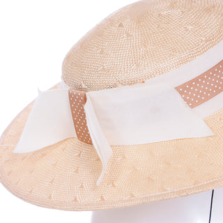 Unique Weave 1980s Sonni Natural Straw Hat With Polka Dot Ribbon & Bow