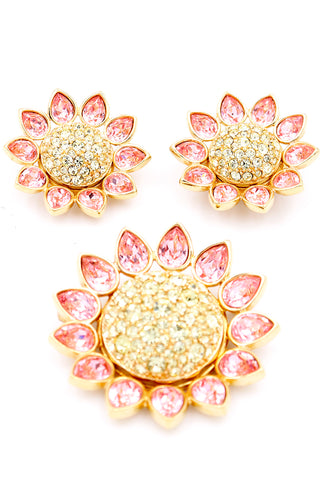 1990s Swarovski Crystal Pink & Yellow Crystal Flower Brooch & Earrings Set