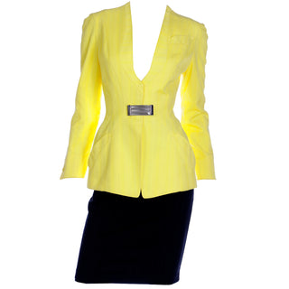 1990s Thierry Mugler Vintage Yellow Jacket and Black Pencil Skirt Suit Size 38 FR