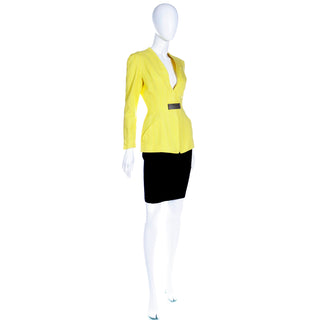 1990s Thierry Mugler Vintage Yellow Jacket and Black Pencil Skirt 2 pc Suit