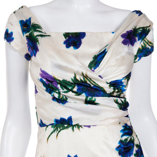 Vintage 1960s Fine Silk Ivory Dress W Bold Blue & Purple Flowers & Ruched Bodice