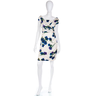 1960s Fine Silk Ivory Dress W Bold Blue Flowers & Ruched Bodice