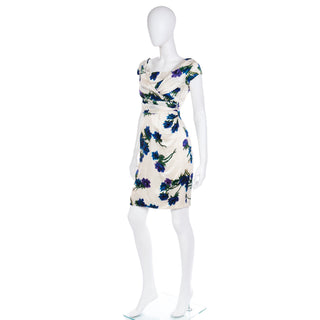 1960s Fine Silk Ivory Dress W Bold Blue Flowers & Ruched Bodice XS/S