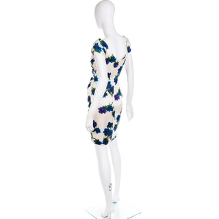Vintage 1960s Fine Silk Ivory Dress W Bold Blue Flowers & Ruched Bodice