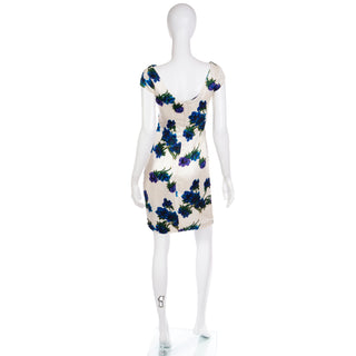 Vintage 1960s Fine Silk Ivory Dress W Bold Blue Flowers & Ruched Bodice Size XS