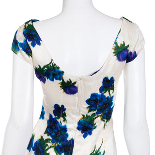 Vintage 1960s Fine Silk Ivory Dress W Bold Blue Flowers & Ruched Bodice low scoop back