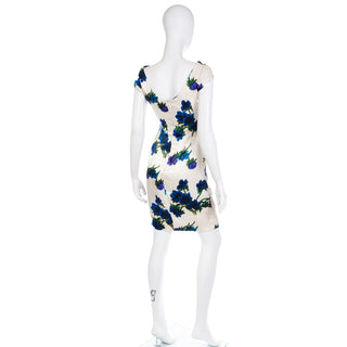 1960s Fine Silk Ivory Dress W Bold Blue Flowers & Ruched Bodice Vintage evening dress