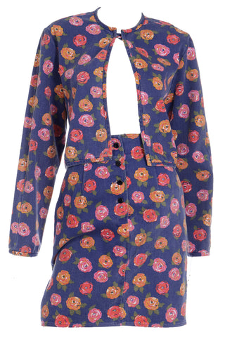 1980s Ungaro Floral Denim Jacket and Mini Skirt Two Piece Suit