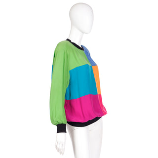 1980s Emanuel Ungaro Parallele Paris Colorblock Silk Sweatshirt Style Top