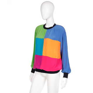 1980s Emanuel Ungaro Parallele Colorblock Silk Sweatshirt Style Top with Ribbed Knit Trim