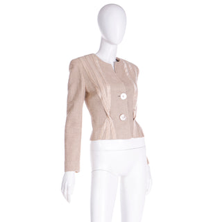 2000s Valentino Sand Beige Linen & Silk Cropped Jacket MOP Buttons