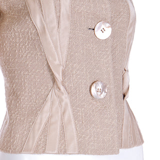 2000s Valentino Sand Beige Linen & Silk Cropped Jacket w MOP Buttons & Ribbon
