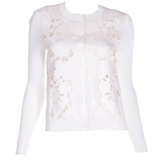 2000s Valentino White Cotton Cardigan Sweater with Cutwork & Silk Lining and Floral Embroidery Size S
