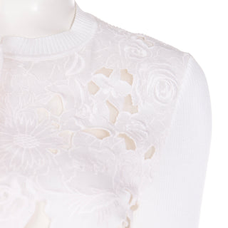 2000s Valentino White Cotton Cardigan Sweater with Floral Embroidery & Cutwork & Silk Lining