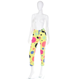 Rare 1990s Gianni Versace Jeans Couture Yellow Pants W Colorful Polka Dots