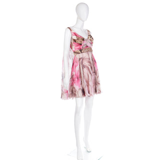 2008 Versace Pink Floral Print Silk Chiffon Dress w Medusa Head Belt Buckle