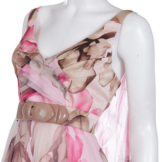 2008 Versace Pink Floral Silk Chiffon Dress w matching belt with Medusa Head  Buckle in excellent condition