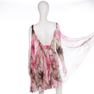 2008 Versace Pink Floral Silk Chiffon Dress w Medusa Head Belt Buckle with flowing chiffon panels