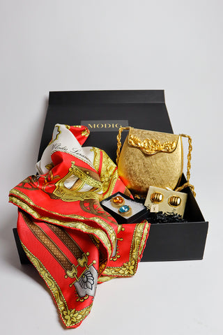 Vintage Versailles Gift Box for Her with gold YSL earrings, silk scarf, vintage pill boxes and gold hard evening bag