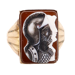 Victorian Black & White Double Cameo Roman Soldier Carnelian 10k Gold Ring 7