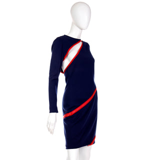 1980s Bill Blass Blue Knit Vintage Dress With Red Zippers