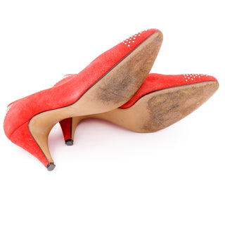 1980s Bruno Magli Vintage Shoes Red Heeled Pumps With Gold Studs 7.5 Italy