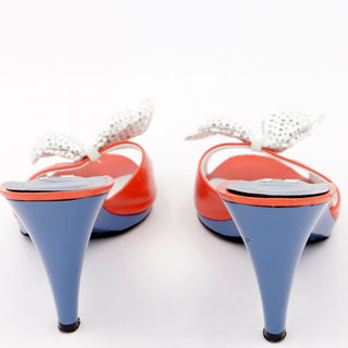 1990s Casadei Shoes Red & Blue Peep Toe Pierced Bow Slides Italy