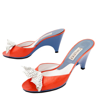 1990s Casadei Shoes Red & Blue Peep Toe Pierced Bow Slides Sz 7