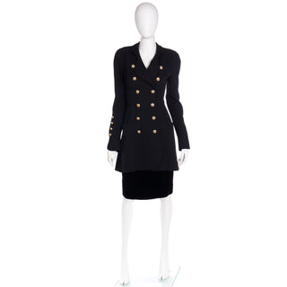 1980s Chanel Military Style Wool & Velvet Jacket Skirt Suit w CC Buttons XS