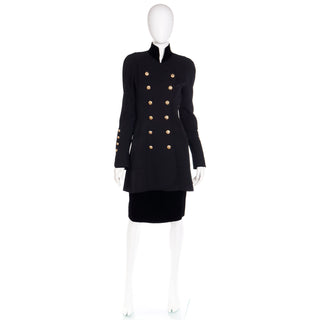1980s Chanel Karl Lagerfeld Vintage Military Style Wool & Velvet Jacket Skirt Suit w CC Buttons