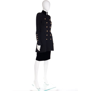 1980s Chanel Military Style Wool & Velvet Jacket Skirt Suit w CC Buttons from Bergdorf Goodman