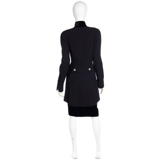1980s Chanel Military Style Wool & Velvet Jacket Skirt Suit w CC Buttons France