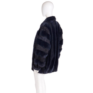 1980s Christian Dior Fourrure Dyed Blue Sheared Fur & Persian Lambswool Coat Jacket Size M/L 