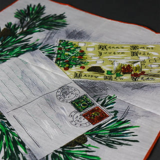 Vintage Holiday Pine Branch Postcard Handkerchief w Original Fisba Switzerland Tag