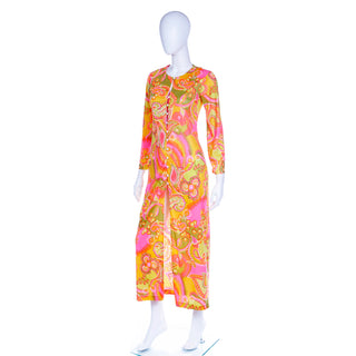 1960s Cole of California Mod Bold Pink Yellow & Green Colorful Paisley Floral Maxi Dress