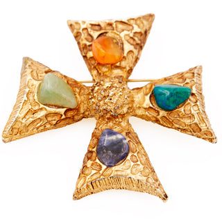 1980s Vintage Maltese Cross Pendant or Brooch W Colorful Gemstones