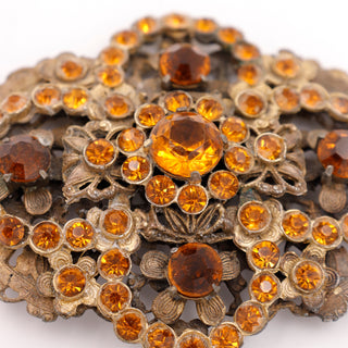 1930s Czech Oversized Vintage Brooch W Faceted Amber Orange Crystals Filigree