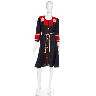 1970s Navy Blue Red & Beige Cotton Ethnic Dress with Rope Belt