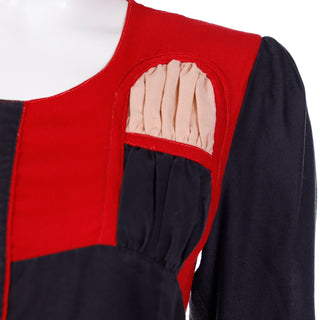 1970s Navy Blue Red & Beige Cotton Vintage Ethnic Dress