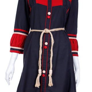 1970s Navy Blue Red & Beige Cotton Ethnic Dress With Front Buttons