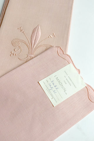 Set of 4 Madeira Hand Embroidered Vintage Pink Linen Fleur De Lis Guest Towels Deadstock from I Magnin