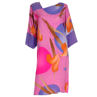 1980s Flora Kung Silk Dress in Pink Orange and Blue Bold Print caftan style