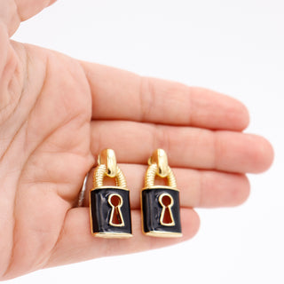 1990s Givenchy Vintage Black Enamel and Gold Plate Padlock Pierced Earrings Signed Givenchy Jewelry