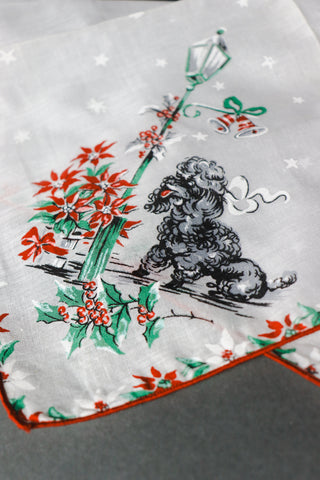 Mid Century Holiday French Poodle Vintage Handkerchief