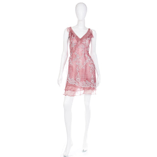 2000s Y2K Jiki Monte Carlo Vintage Leopard Print Silk Mauve Pink Beaded Lace Dress