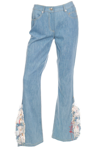 2000s John Galliano Light Wash Denim Flared Jeans With Patchwork Hem