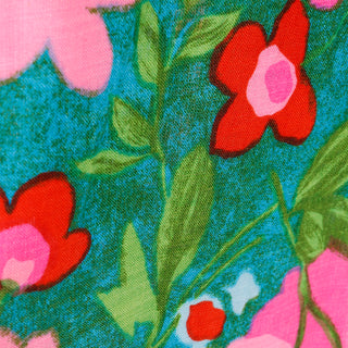 1960s Linen Pink Green & Blue Saturated Bold Floral Empire Waist Maxi Dress