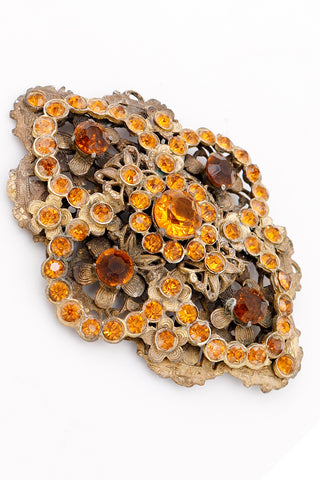 1930s Czech Oversized Vintage Brooch W Faceted Amber Orange Crystals