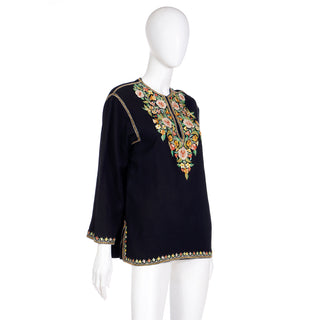 1960s Vintage Black Tunic Top With Fine Muted Aari Kashmiri Embroidery
