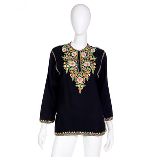 1960s Vintage Black Tunic Top With Ultra Fine Aari Kashmiri Embroidery